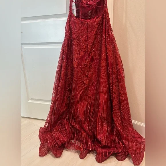 Coya Collection Embroidered Illusion Waist Sparkle A line Dress Burgundy Red - Picture 2 of 4